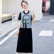 现货洋气短袖牛仔套裙女2024夏季新款时尚优雅范牛仔两件套，女装套装/套裙，涵墨