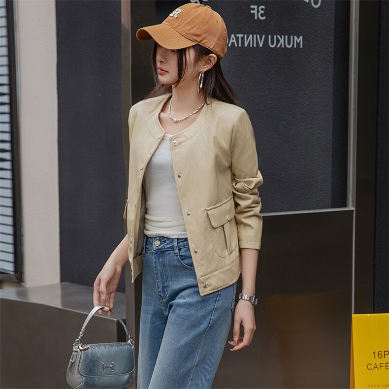 2025春秋季新款高级感质感长袖短款圆领pu皮衣夹克欧美时尚外套女，女装皮衣，美拉德工厂直营店