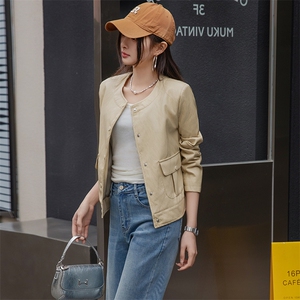 2025春秋季新款高级感质感长袖短款圆领pu皮衣夹克欧美时尚外套女图片