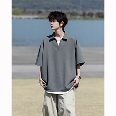 8XL-M假两件V领短袖t恤男夏翻领半袖宽松重磅华夫格大码DT001P40，男装T恤，电商B312