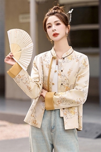 新中式国风印花短外套女2025春秋新款提花盘扣改良年轻款唐装上衣图片