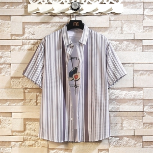花衬衫男短袖夏季条纹休闲上衣服外套翻领大码衬衣A012/863P35图片