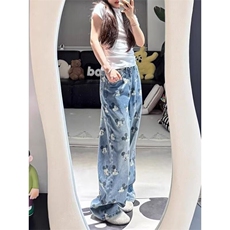 米奇印花设计感高腰牛仔裤女2025秋季新款垂感显瘦拖地裤NZA115，男装牛仔裤，星座516A