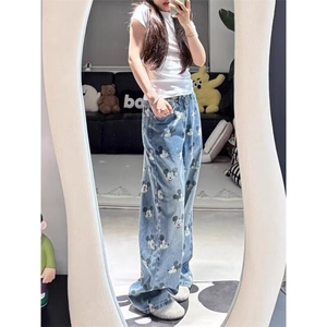 米奇印花设计感高腰牛仔裤女2025秋季新款垂感显瘦拖地裤NZA115图片