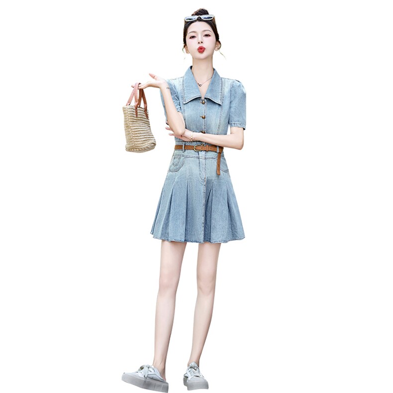 2025年夏季新款修身显瘦百褶牛仔连衣裙,女装连衣裙,奕可儿