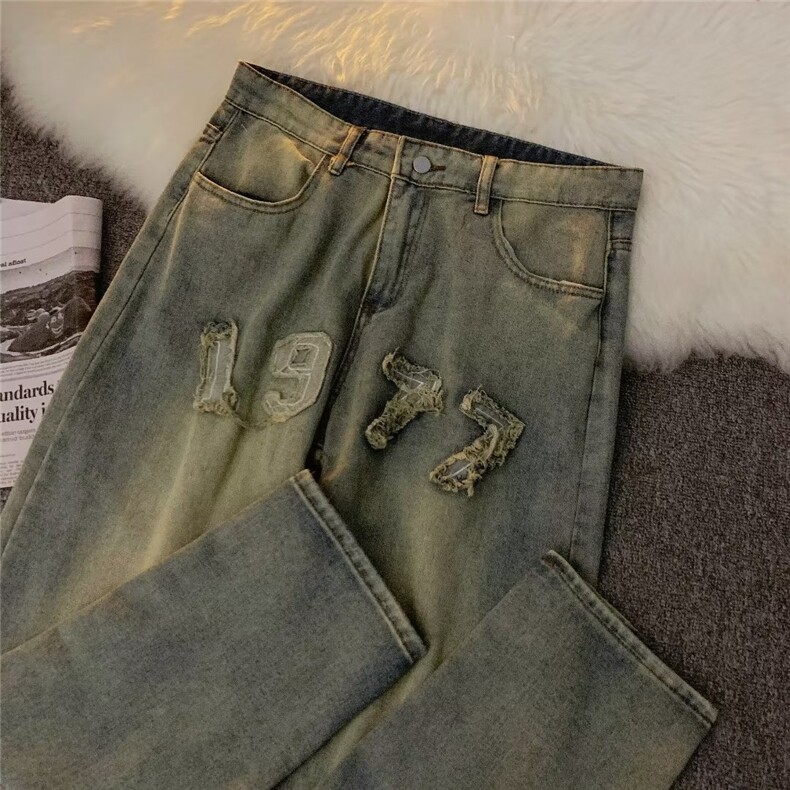 潮牌做旧牛仔裤男美式复古设计感高街嘻哈直筒宽松裤子NK8311-P43,男装牛仔裤,星座1008