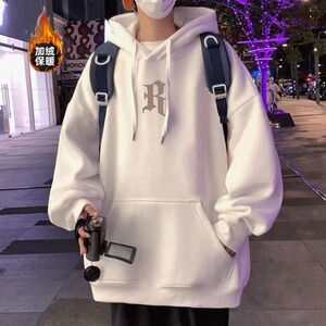 连帽加绒卫衣男学生创意字母卫衣学生美式休闲加厚卫衣外套男生图片
