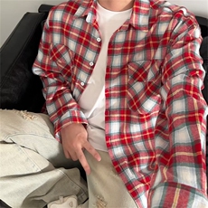 美式复古格子衬衫男长袖百搭春季字母刺绣潮牌情侣休闲外套，男装衬衫，星座716-2