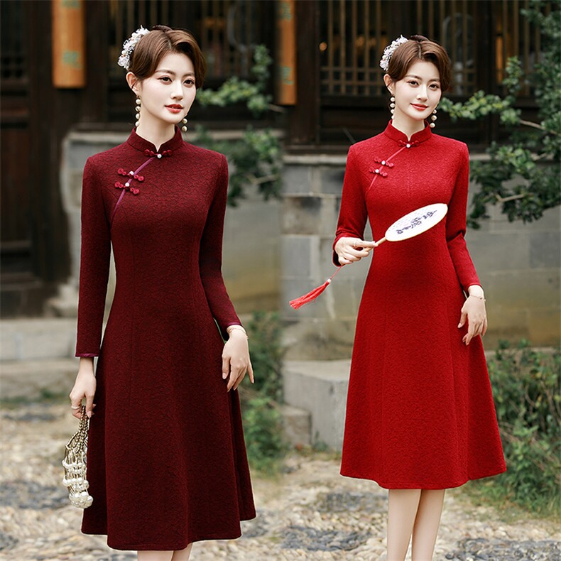 新中式风加厚弹力复合蕾丝提花长袖旗袍2553P135,女装汉服/婚纱/旗袍/礼服,乐衣轩