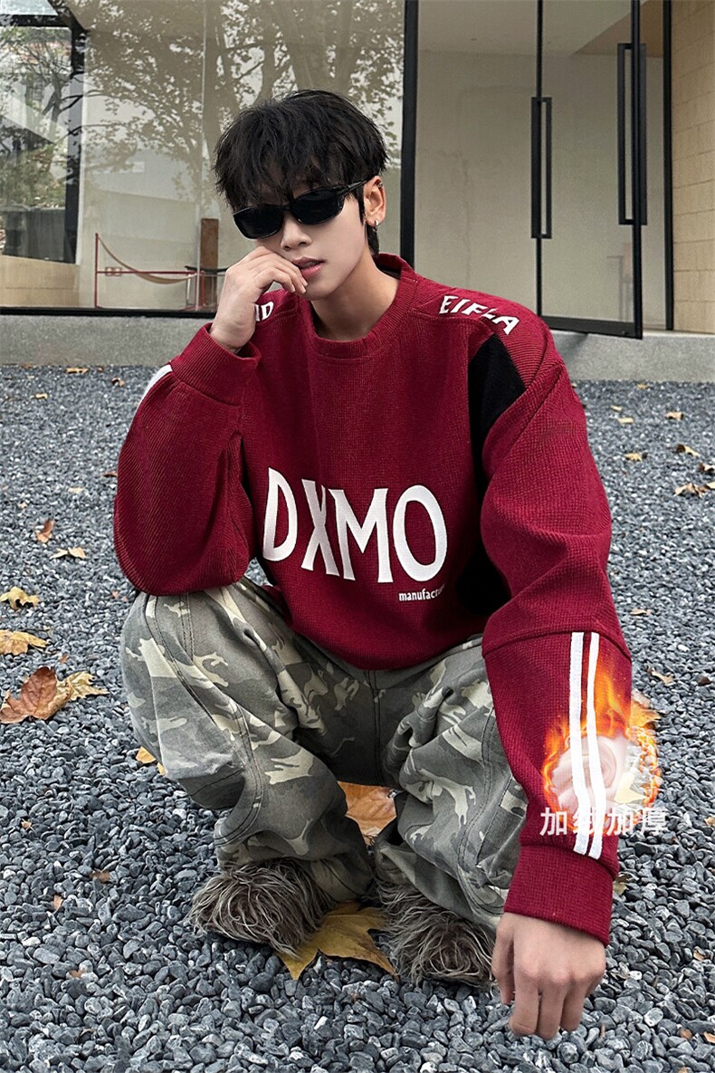 秋冬潮男华夫格卫衣宽松休闲套头休闲慵懒感卫衣常规P58加绒P68,男装卫衣,电商B319