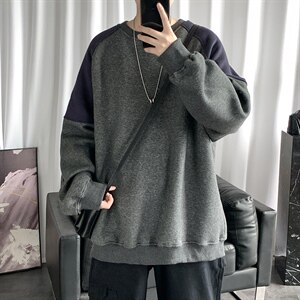 2021冬季新日系港风短句大码男宽松圆领拼接加绒加厚卫衣W653-P40图片