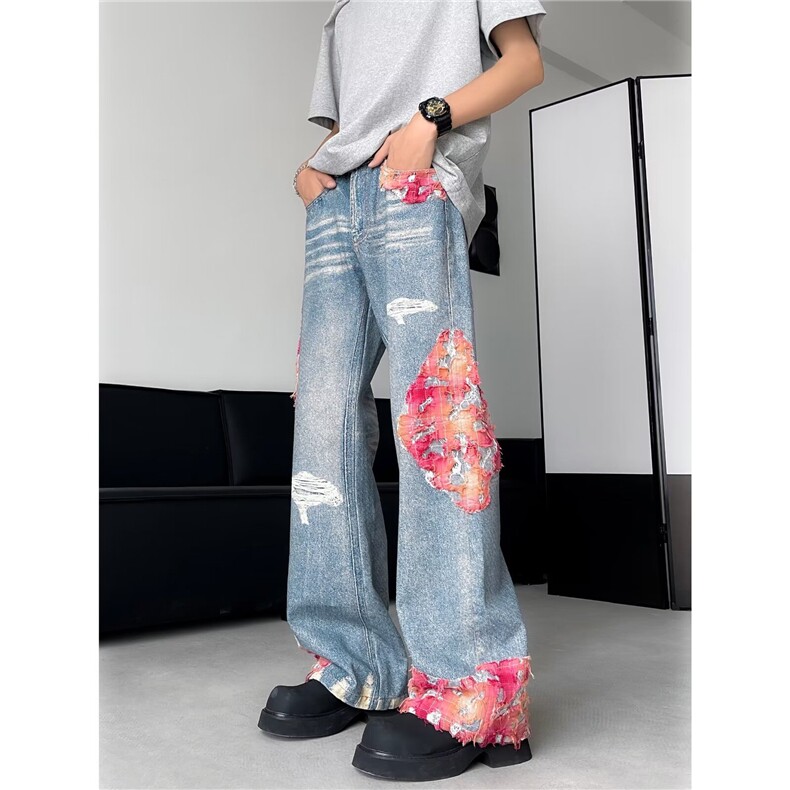 港风夏款男牛仔裤破洞流苏拼接印花直筒长裤NK0077P60，男装牛仔裤，星座1013-1