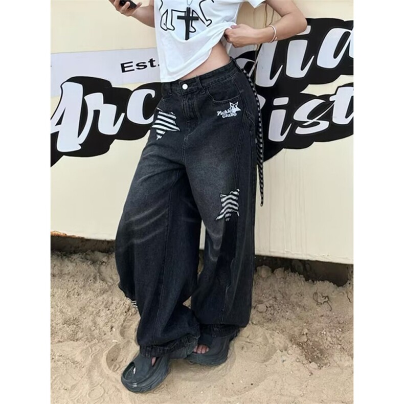 高个子加长甜酷辣妹星星贴布牛仔裤女侧边拉链设计直筒阔腿裤,男装牛仔裤,四季星座505