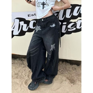 高个子加长甜酷辣妹星星贴布牛仔裤女侧边拉链设计直筒阔腿裤图片