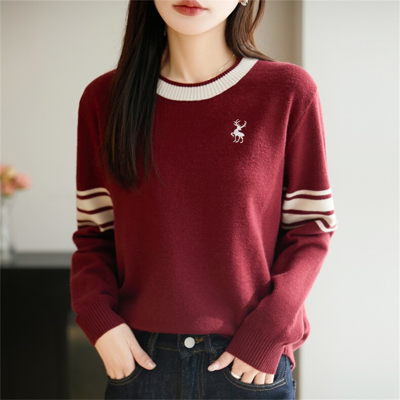 2025年秋季时尚百搭通勤简约休闲套头拼色圆领针织衫，女装针织衫/毛衣，郡淞羊绒