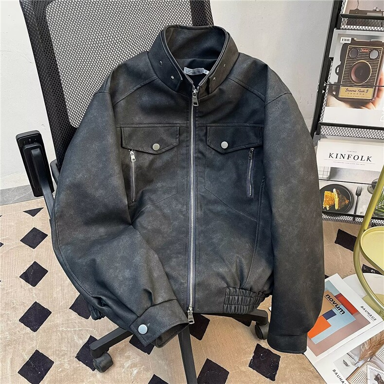 短款痞帅廓形皮衣外套男装宽松立领机车风PU皮夹克2818P78,男装皮衣,星座410-2