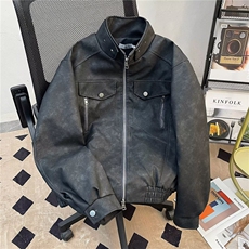 短款痞帅廓形皮衣外套男装宽松立领机车风PU皮夹克2818P78，男装皮衣，星座410-2