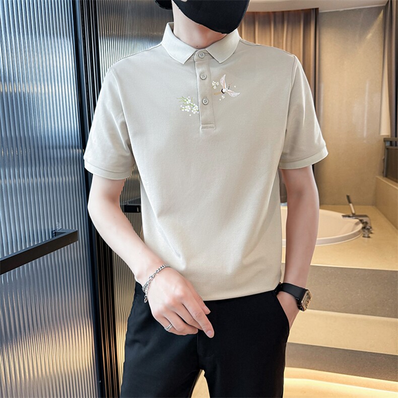 主推款2025夏季新款仙鹤印花风短袖T恤翻领Polo衫男T6077-P48,男装T恤,电商D342