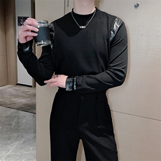 新款韩版修身男士立领拼接拼皮长袖T恤时尚打底衫潮流TX1215-P50，男装T恤，电商B267