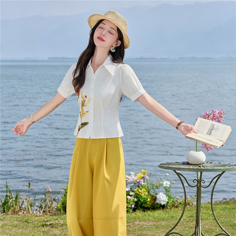 轻熟风时尚小翻领衬衫套装女2026夏气质印花上衣休闲裤两件套,女装套装/套裙,水衣源