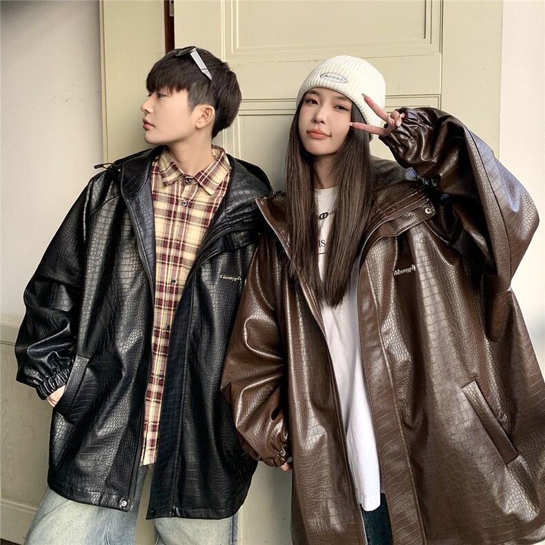 港风连帽鳄鱼纹PU皮衣大码情侣休闲冲锋衣夹克男JK8744P90控128,男装夹克,星座226-1
