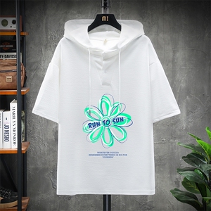 LD54170-P45 连帽短袖t恤男大码胖子带帽五分袖中袖 展架图片