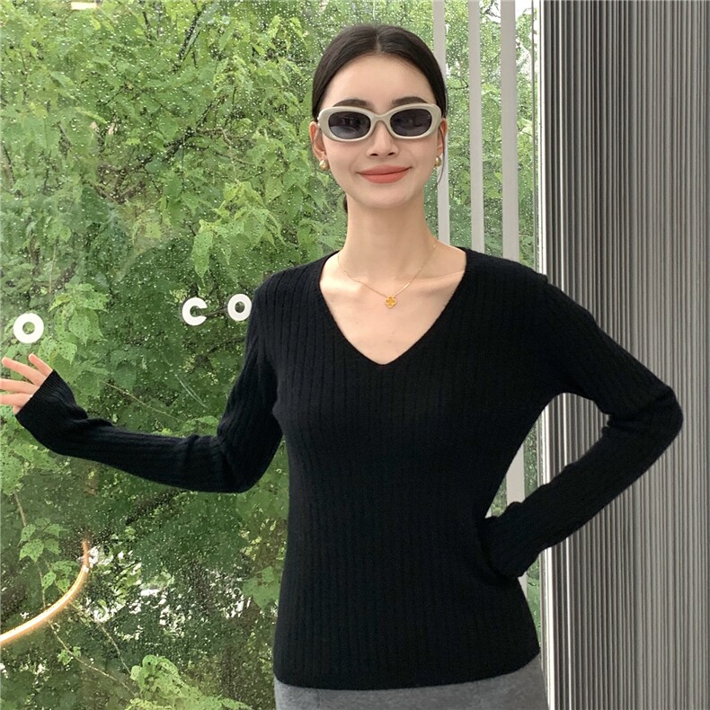 2025秋冬百搭时尚v领长袖针织保暖打底衫,女装羊绒衫,玛卡隆羊绒