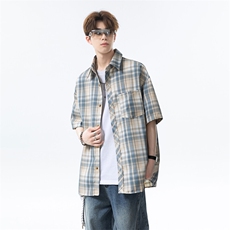 港风复古休闲大格子翻领宽松短袖衬衫外套衬衣C2226-特批P29，男装衬衫，电商A007