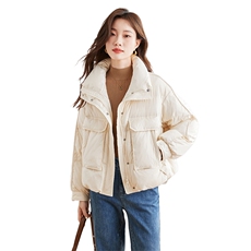 立领短款面包羽绒服女2024冬新款大口袋休闲加厚保暖90白鸭绒外套，女装羽绒服，蝶眷