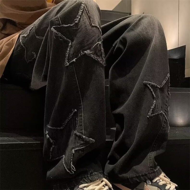 1042-P47五角星牛仔裤男秋冬美式高街潮牌裤子直筒宽松拖地,男装牛仔裤,电商B323A