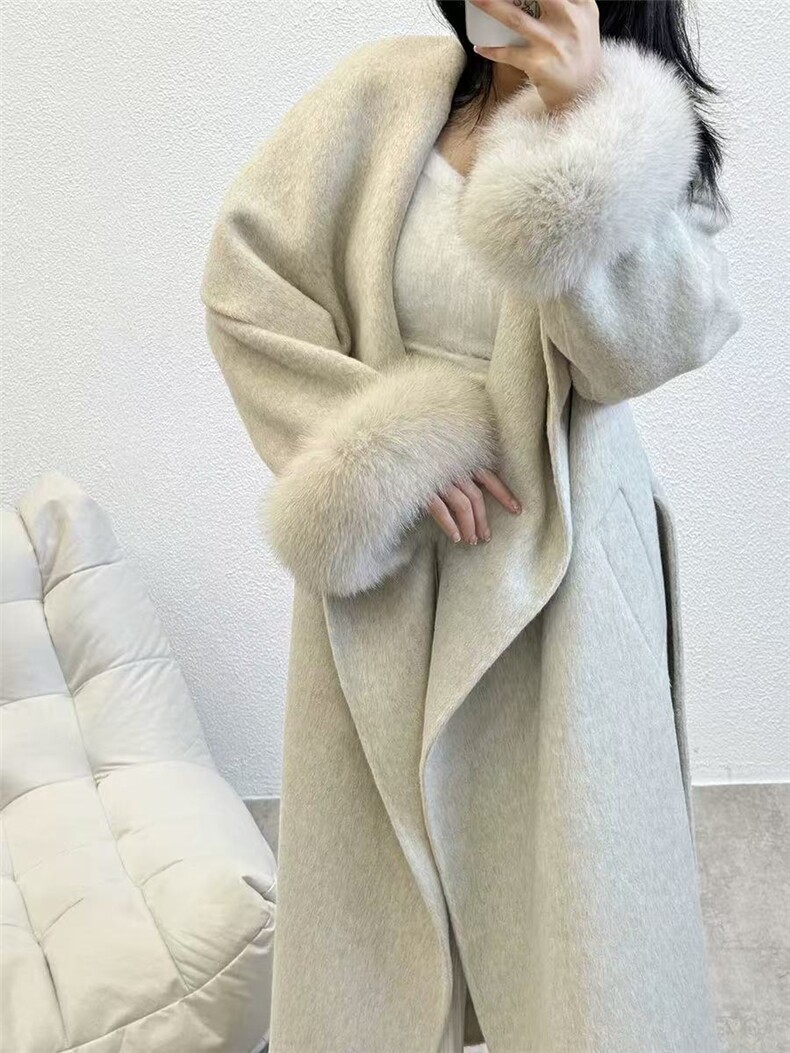 双面羊毛大衣女秋冬款韩系留洋千金中长款环保绒毛袖口图片
