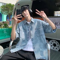 七分袖牛仔衬衫男宽松港风夏季新款痞帅短袖衬衣外套-N4071，男装衬衫，星座601-2