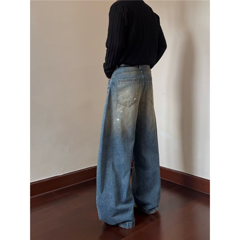 复古水洗蓝色猫须弯刀牛仔裤男女微喇宽松阔腿拖地镰刀裤直筒哈伦,男装牛仔裤,星座506A
