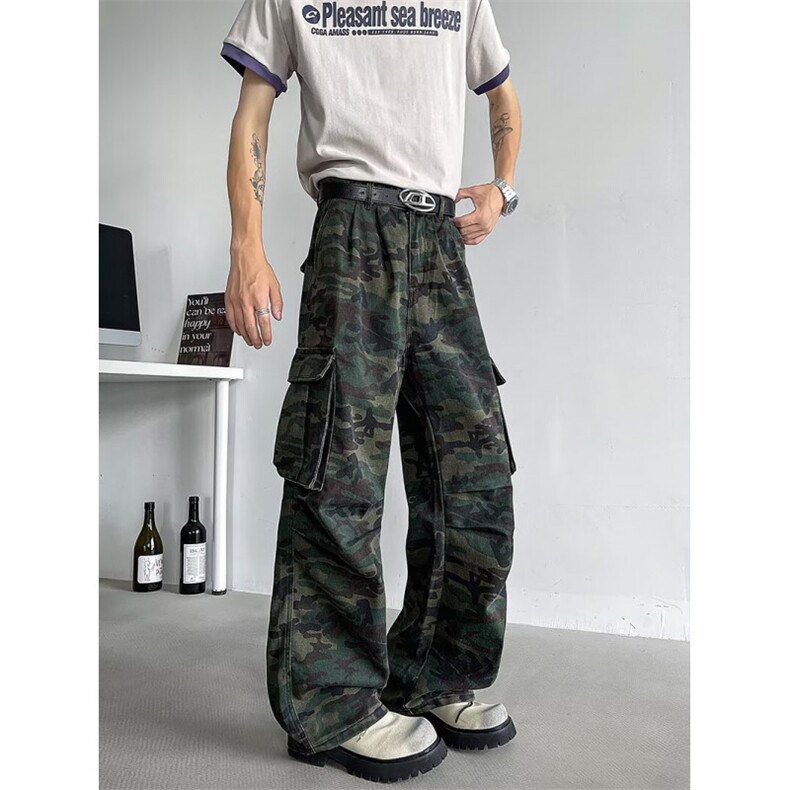 美式复古褶皱多口袋迷彩工装牛仔裤男高街潮牌显瘦堆积感拖地裤子,男装牛仔裤,星座410-6（原星座1304-1）