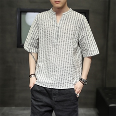 风立领衬衣休闲条纹衫短袖夏季休闲仿麻T117-P55，男装T恤，电商A227