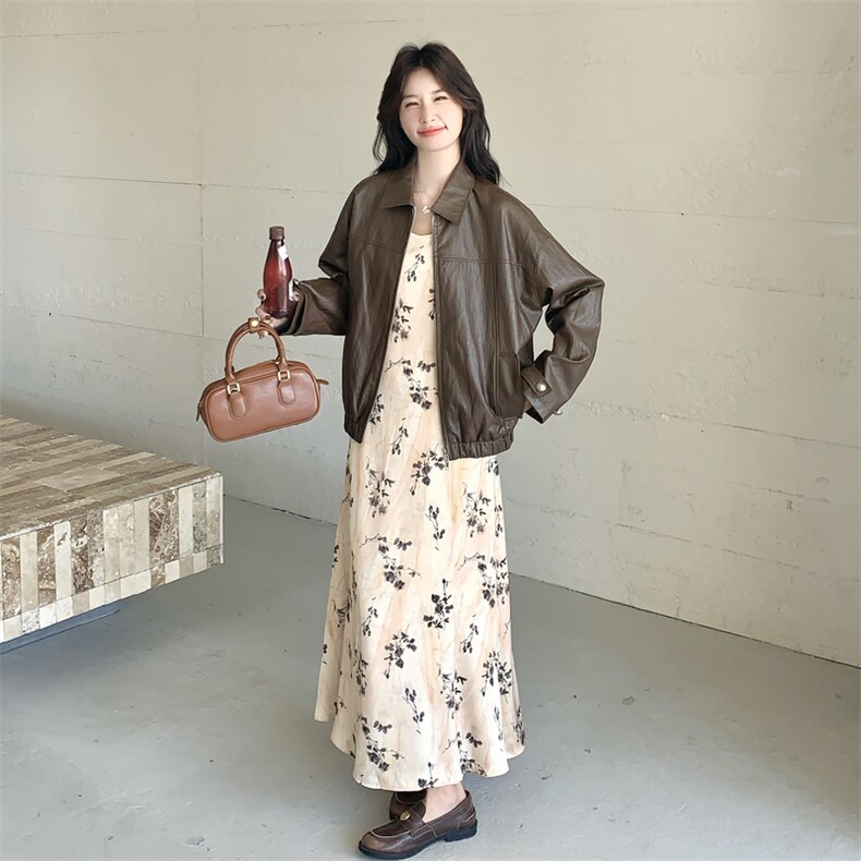 美拉德气质套装女2025秋季新款复古皮衣外套碎花吊带连衣裙两件套,女装套装/套裙,2D014