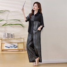 妈妈时尚休闲阔腿裤套装女夏大码宽松显瘦松弛感太撞色两件套，女装套装/套裙，魅衣本色