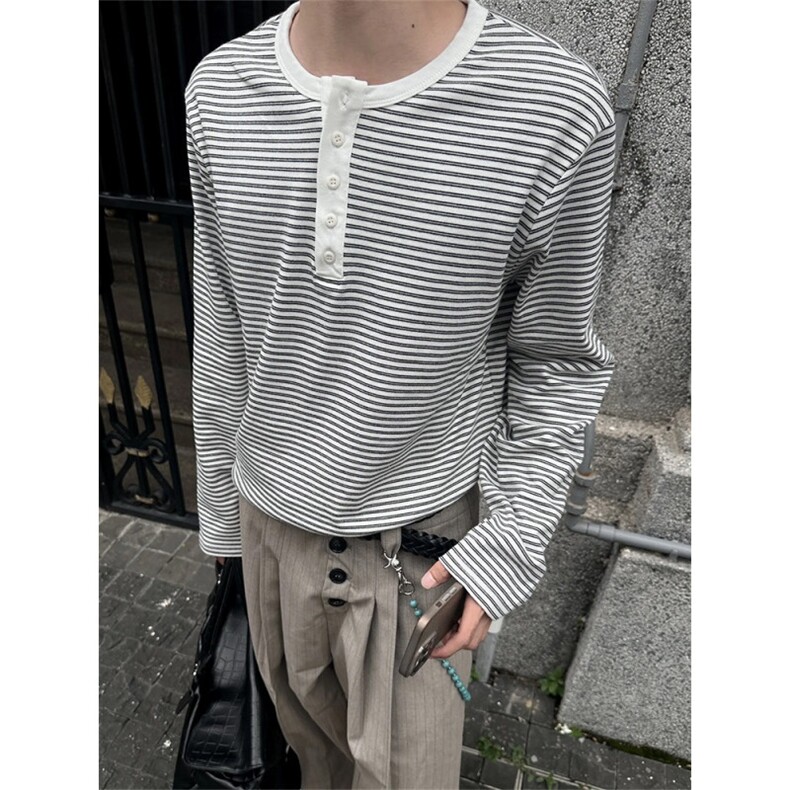 亨利领长袖T恤男女秋季新款白色休闲复古cleanfit打底衫TXK52，男装T恤，星座516A