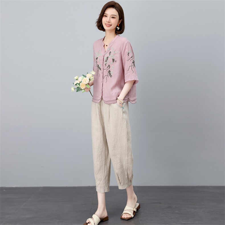 新中式高端苎麻刺绣套装女2025夏新款中年妈妈洋气减龄亚麻两件套,女装套装/套裙,独衣靓