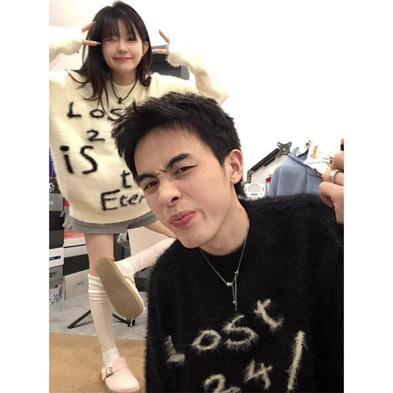 美式复古马海毛字母毛衣女秋冬新款慵懒宽松潮牌针织上衣情侣,男装针织衫/毛衣,四季星座505