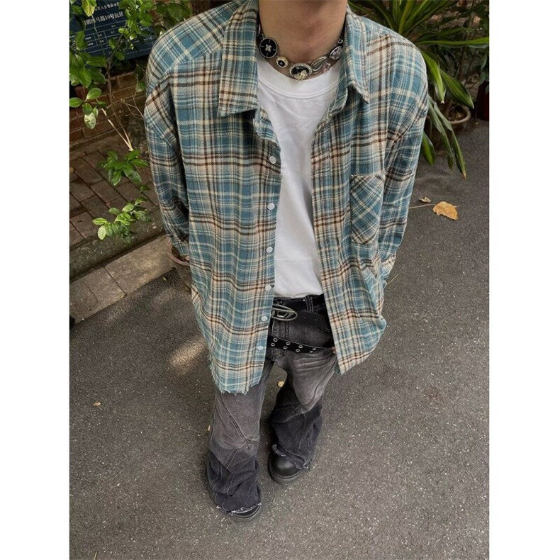 蓝色格子衬衫男美式复古格纹长袖衬衣痞帅休闲外套 C2250图片