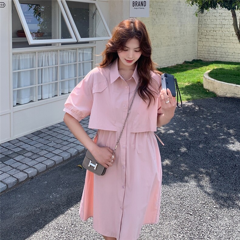 韩系设计感工装风连衣裙女2025夏新款POLO领宽松单排扣休闲衬衫裙,女装连衣裙,浪娴服饰