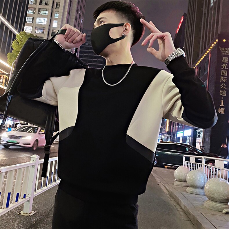 Y33/P58控78春季简约百搭几何撞色黑白拼接套头卫衣男黑首1，男装卫衣，星座305B