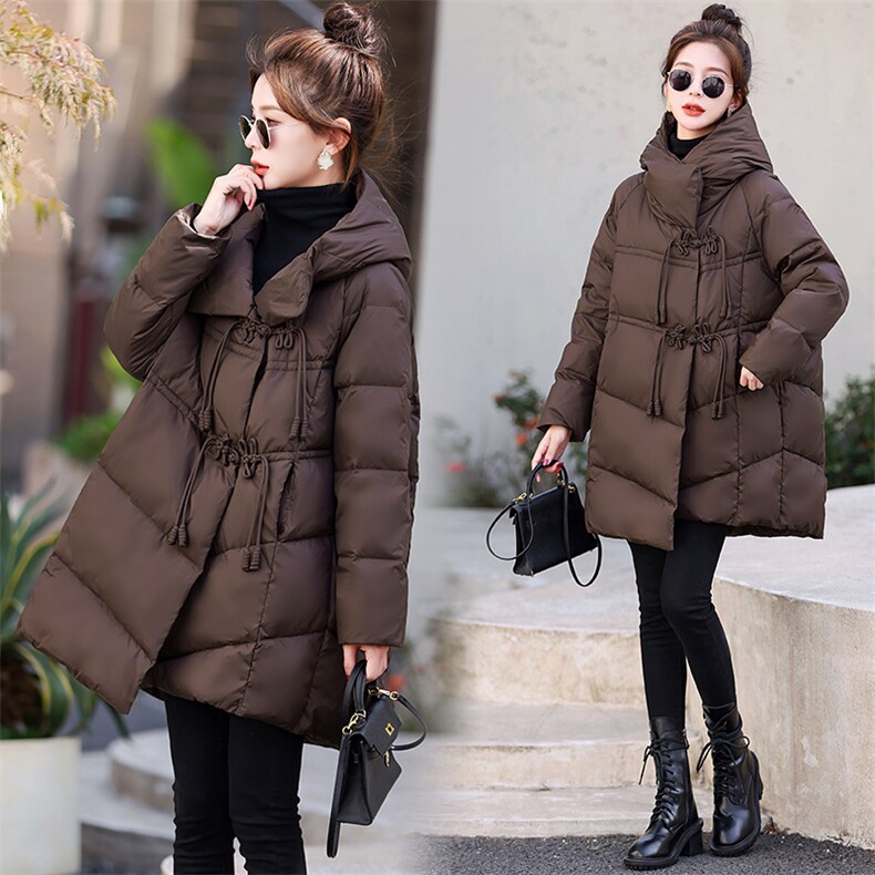 新款女装90白鸭绒复古潮流盘扣连帽羽绒服宽松显瘦保暖外套，女装羽绒服，魅家