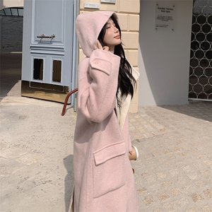 韩系甜美连帽双面羊毛大衣女2025秋冬季新款显瘦保暖长款呢子外套图片