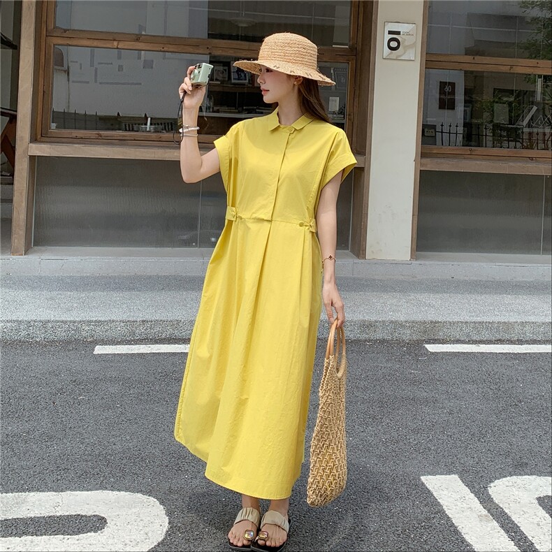 2025夏季新款女韩版小个子时尚翻领短袖收腰显瘦气质长款连衣裙图片
