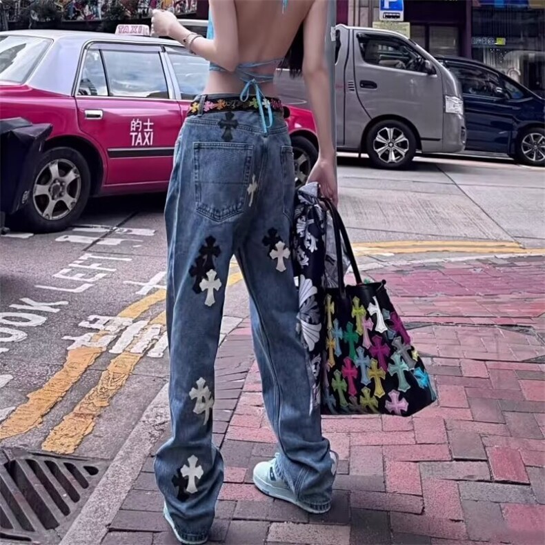 新款潮十字架梵文贴皮水洗牛仔裤男女宽松高街直筒长裤AMS31P68,男装皮裤,星座1013-5