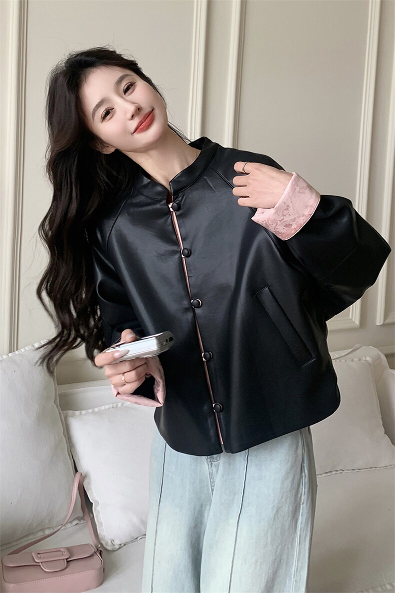 黑色新中式风小皮衣外套女2025春秋新款小个子宽松休闲PU皮夹克,女装短外套,2C088