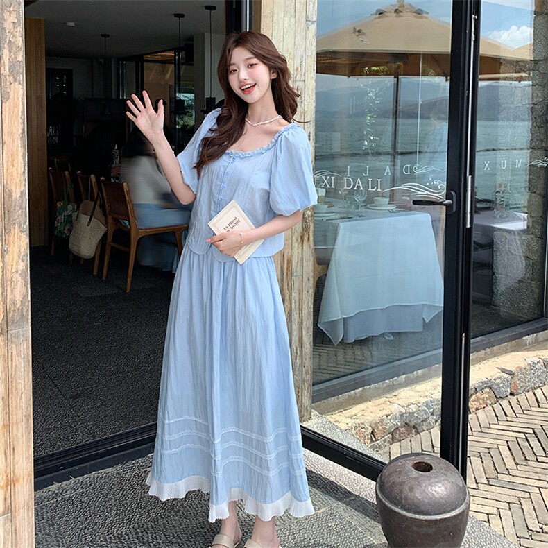 蓝色简约大方休闲套装裙女2025夏新款超好看甜美上衣半身裙两件套,女装套装/套裙,浙宝220