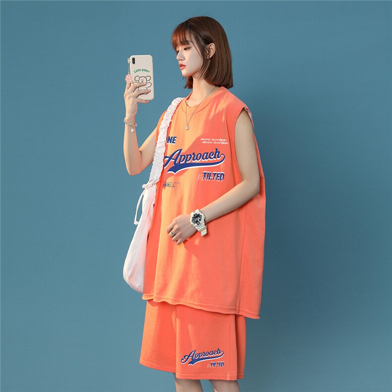中性夏季潮无袖运动风落肩圆领T恤情侣套装TZ211P50控68,男装休闲套装,A247A